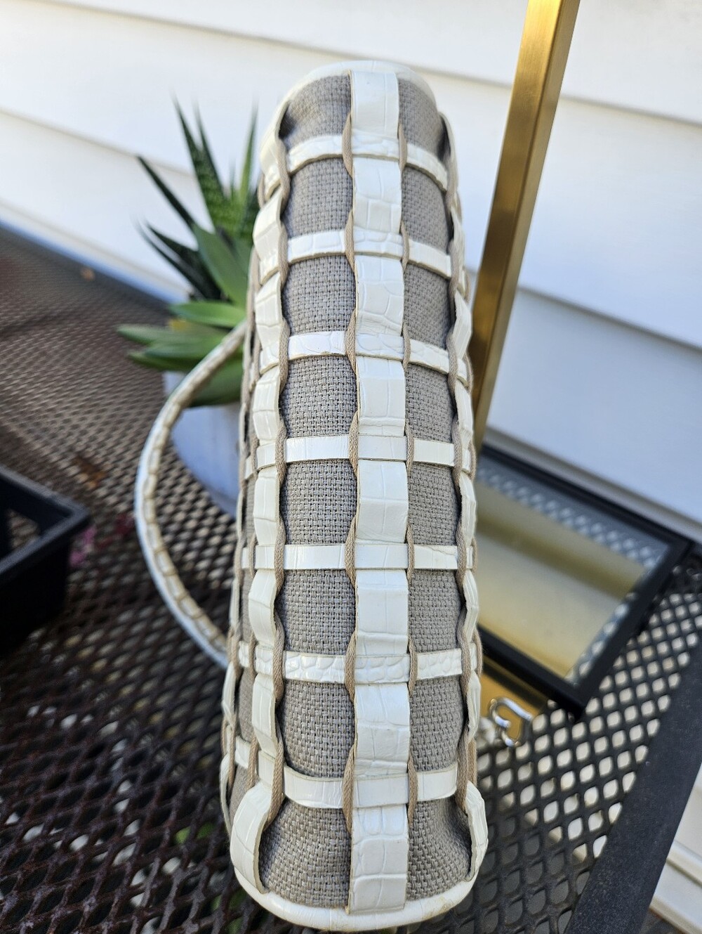 Brighton Woven Leather & Linen Kiss Lock Satchel  Mini Bag Cream /White Vintage - Picture 7 of 13